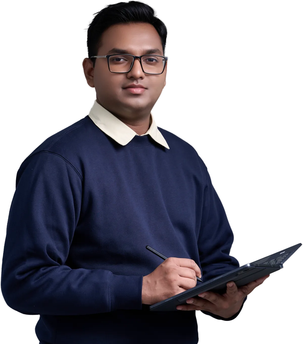 Joshua Poddoku in a navy sweater and glasses, writing on a tablet with a stylus